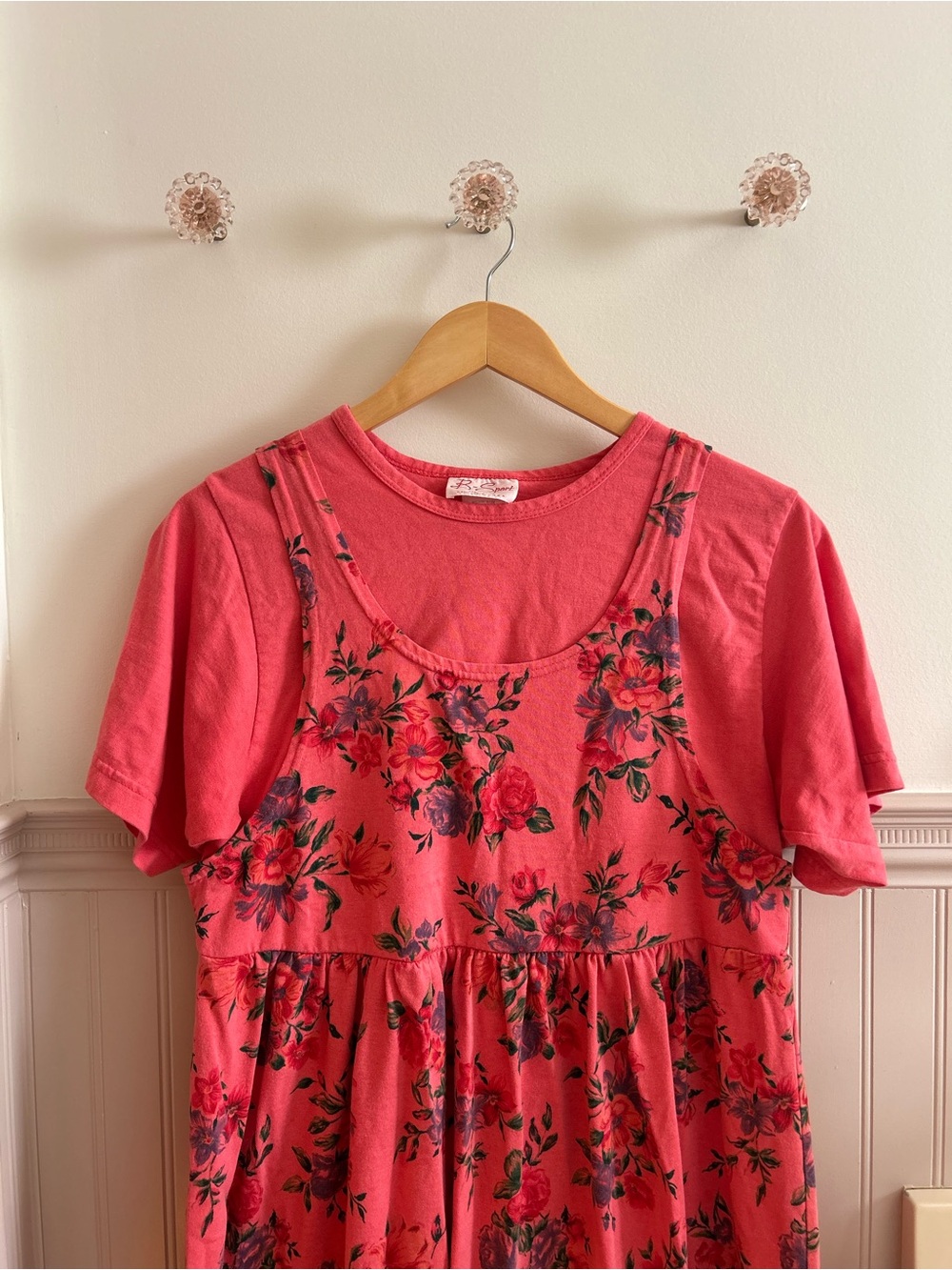 Vintage Floral Midi Dress in Coral Pink